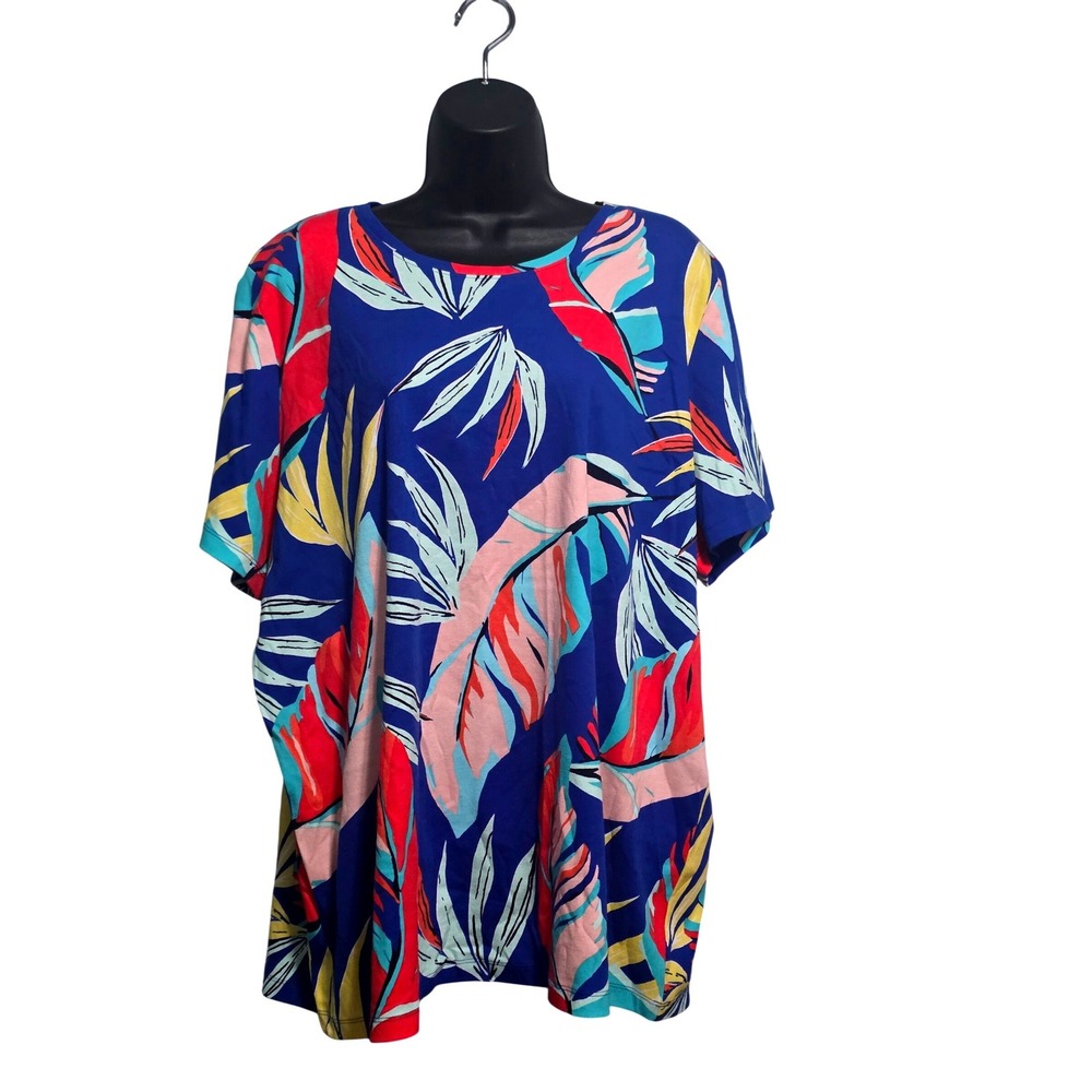 Kim Rogers Womens 2X Blue Tropical Leaf Print 100% Cotton Short Sleeve T-Shirt